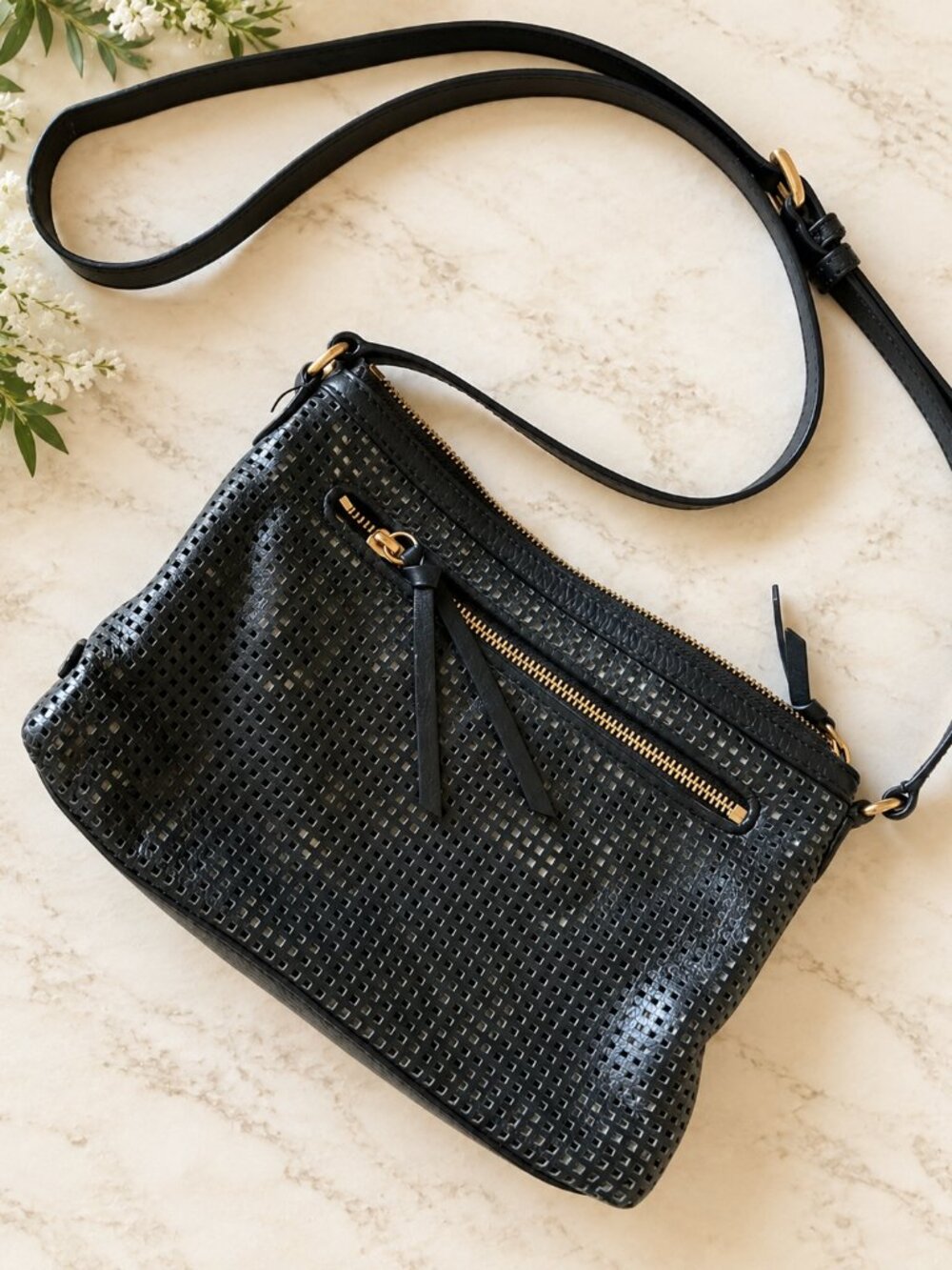 Cole Haan Black Perforated Leather Crossbody Bag Gold Hardware